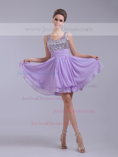 Good V-neck Straps Lilac Pleats Chiffon Sequined Short/Mini Prom Dresses #JCD02020082
