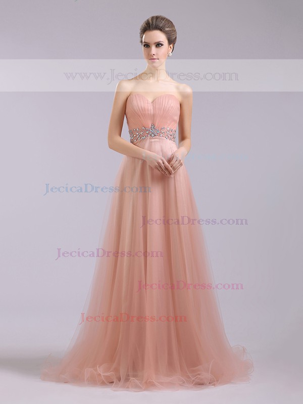 Sweep Train Modest A-line Tulle Crystal Detailing Sweetheart Prom Dresses #JCD02014369