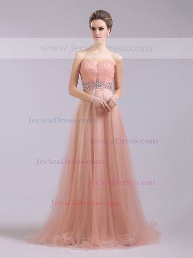 Sweep Train Modest A-line Tulle Crystal Detailing Sweetheart Prom Dresses #JCD02014369