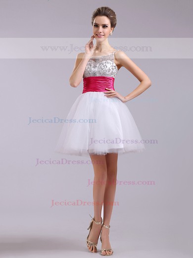 Short/Mini White Tulle Fuchsia Sashes Classic Square Neckline Crystal Detailing Prom Dress #JCD02051668