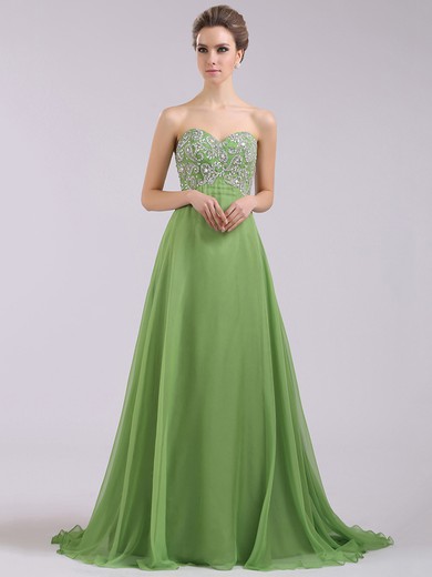 Beautiful Empire Crystal Detailing Green Chiffon Sweetheart Prom Dress #JCD02014372