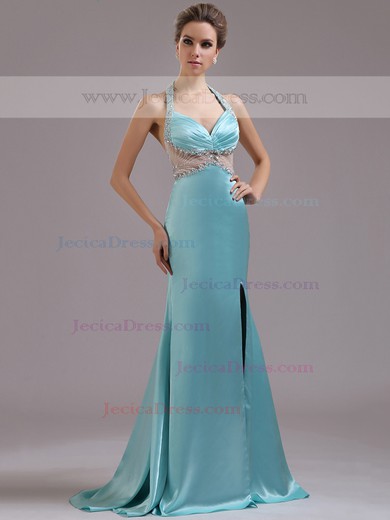 Watteau Train Affordable Silk-like Satin Split Front Open Back Halter Prom Dresses #JCD02014377