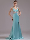 Watteau Train Affordable Silk-like Satin Split Front Open Back Halter Prom Dresses #JCD02014377