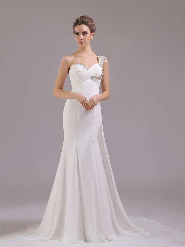 White Trumpet/Mermaid One Shoulder Chiffon with Crystal Detailing Perfect Prom Dress #JCD02014378