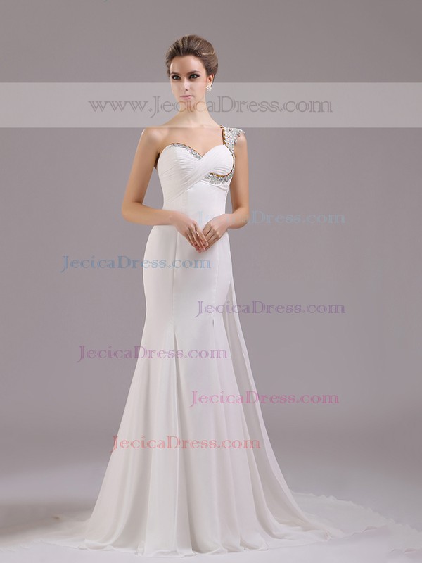 White Trumpet/Mermaid One Shoulder Chiffon with Crystal Detailing Perfect Prom Dress #JCD02014378
