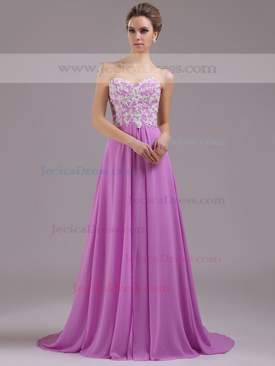 Elegant Lilac Chiffon Sweetheart Applique Lace Sweep Train Prom Dress #JCD02014379
