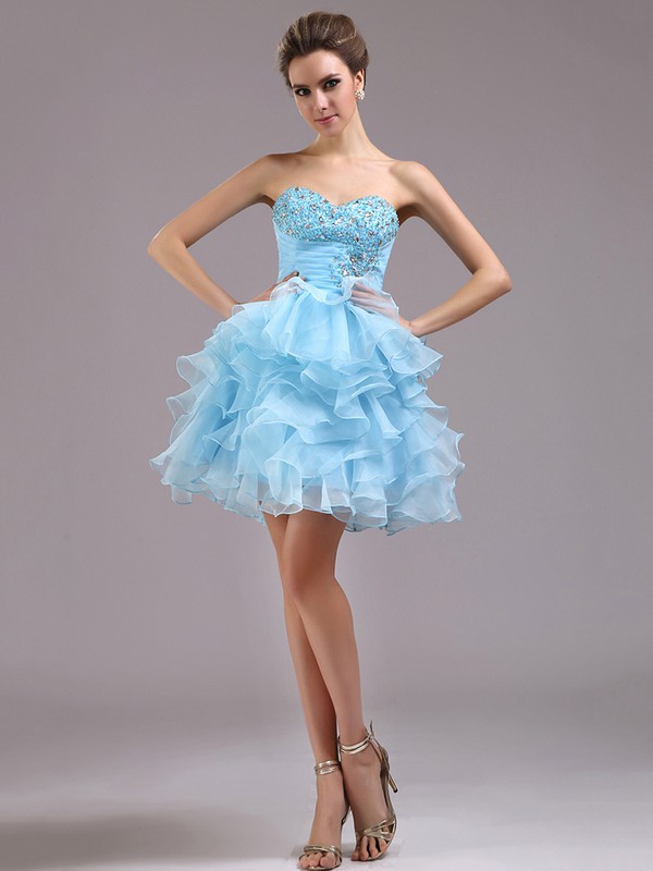Sweetheart Ball Gown Blue Tiered Organza Beading Discount Short Prom Dresses #JCD02051672