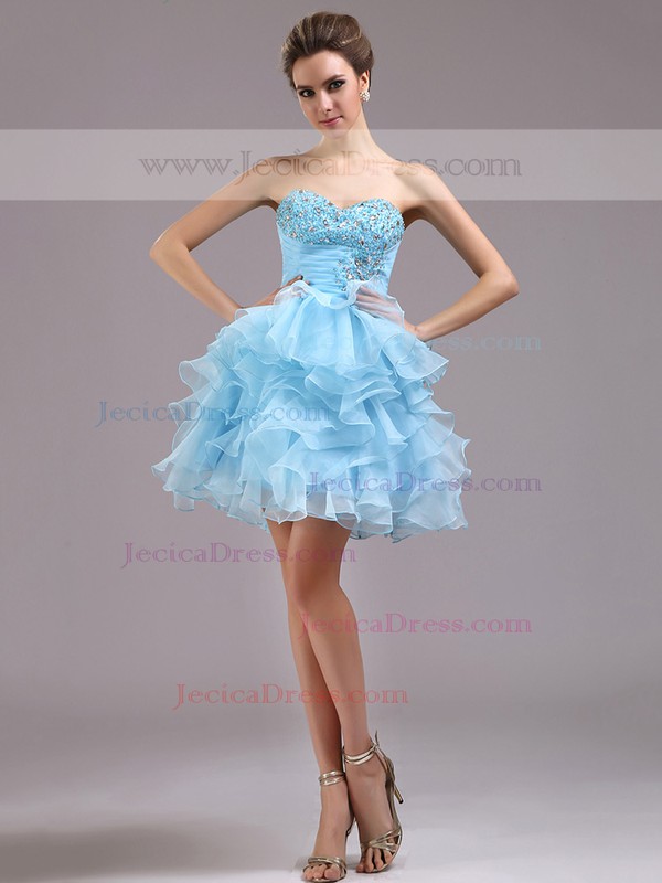 Sweetheart Ball Gown Blue Tiered Organza Beading Discount Short Prom Dresses #JCD02051672
