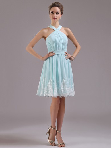 Light Sky Blue Chiffon Halter Appliques Lace Knee-length Prom Dresses #JCD02042240