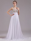 Girls Chiffon Tulle Open Back Crystal Detailing Sweep Train White Prom Dresses #JCD02023215