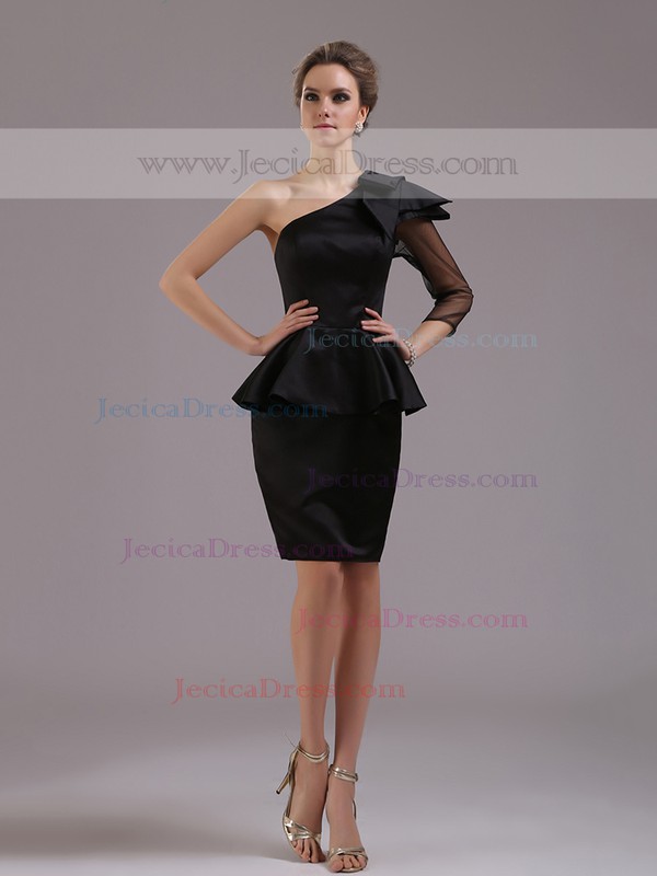 Simple Black Sheath/Column Satin Tulle 3/4 Sleeve One Shoulder Short Prom Dress #JCD02023219