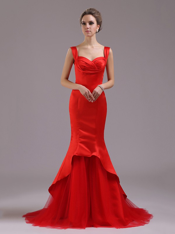 Affordable Red Ruffles Satin Tulle Sweetheart Trumpet/Mermaid Prom Dresses #JCD02023222