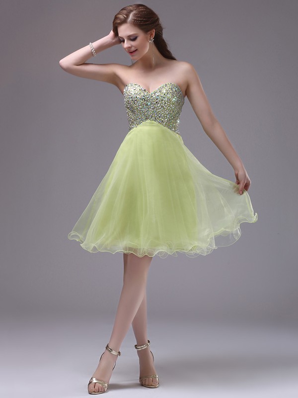 Discount Sage Organza Crystal Detailing Sweetheart Knee-length Prom Dress #JCD02042242