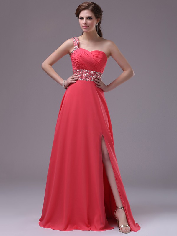 Watermelon Chiffon One Shoulder Crystal Detailing Split Front A-line Prom Dress #JCD02014396