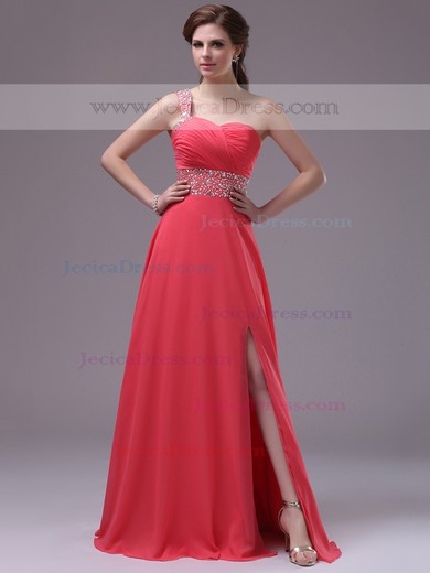 Watermelon Chiffon One Shoulder Crystal Detailing Split Front A-line Prom Dress #JCD02014396