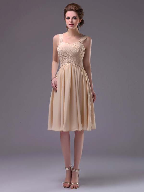Knee-length Champagne Sweetheart Chiffon Pleats Beautiful Prom Dress #JCD02042249