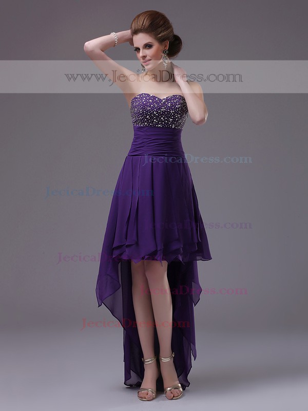 Wholesale Asymmetrical Chiffon with Beading Grape High Low Prom Dress #JCD02051677