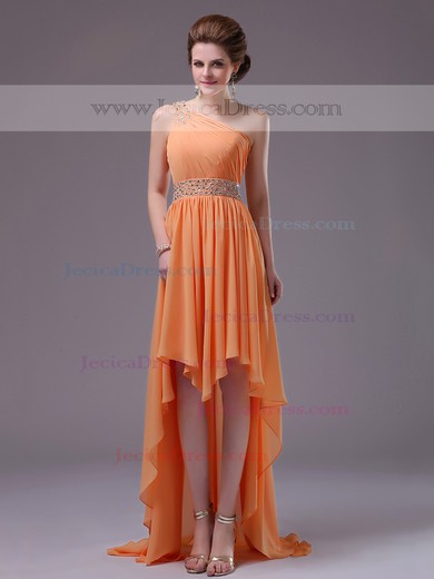 Hot Asymmetrical Orange Chiffon Crystal Detailing One Shoulder Prom Dress #JCD02042252