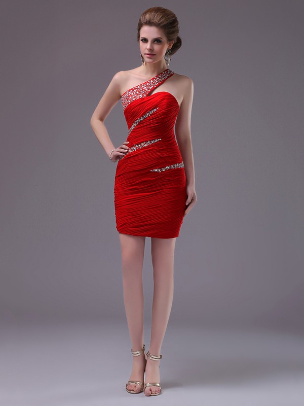Sheath/Column Wholesale Chiffon Beading Red One Shoulder Prom Dresses #JCD02051680