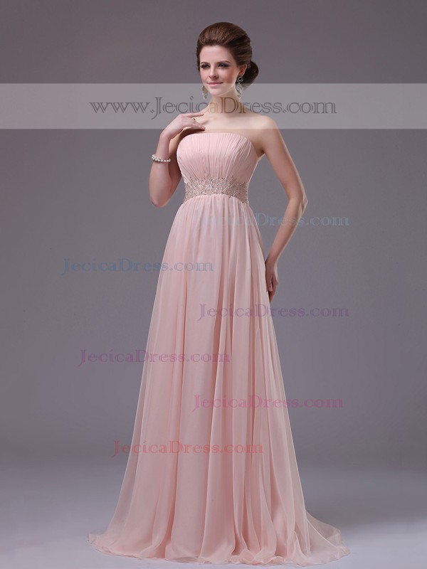 Pink Chiffon with Sequins Floor-length Cheap Strapless Prom Dresses #JCD02130049