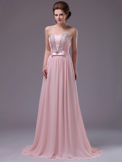 A-line Sweep Train Pink Chiffon Crystal Detailing Strapless Prom Dresses #JCD02130050