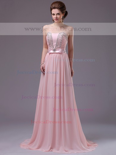 A-line Sweep Train Pink Chiffon Crystal Detailing Strapless Prom Dresses #JCD02130050
