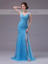 Top Blue Chiffon Tulle Sequins V-neck Trumpet/Mermaid Split Front Prom Dress #JCD02023231