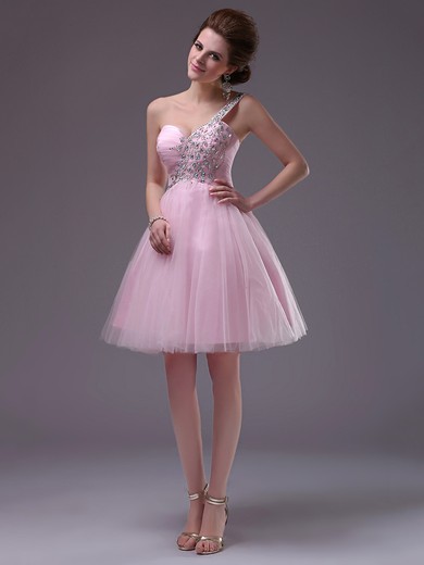 Inexpensive Short/Mini Tulle Crystal Detailing One Shoulder Pink Prom Dresses #JCD02051682