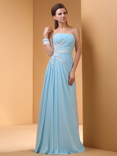 Blue Chiffon Floor-length Appliques Lace Strapless Popular Prom Dresses #JCD02014411