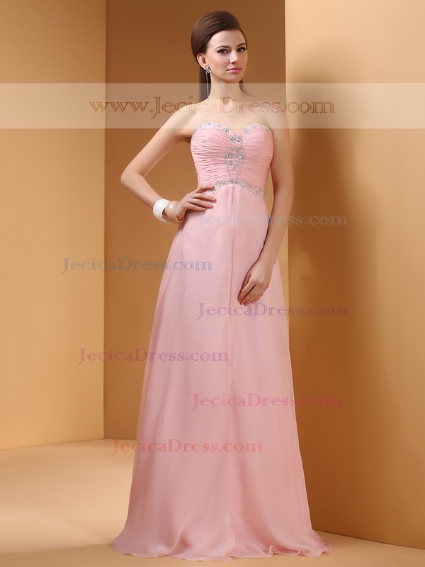 Interesting Floor-length Sweetheart Chiffon Crystal Sequins Pink Prom Dresses #JCD02130055