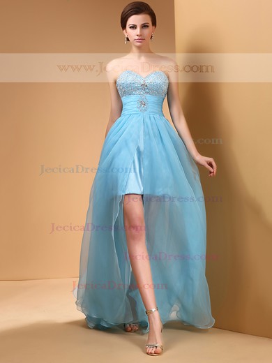 Sweetheart Crystal Detailing A-line Split Front Blue Organza Prom Dresses #JCD02014419
