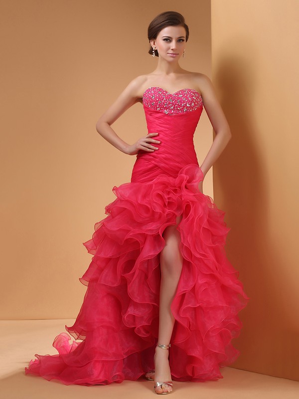 Trumpet/Mermaid Watermelon Organza Beading Lace up Split Front Pretty Prom Dress #JCD02014420