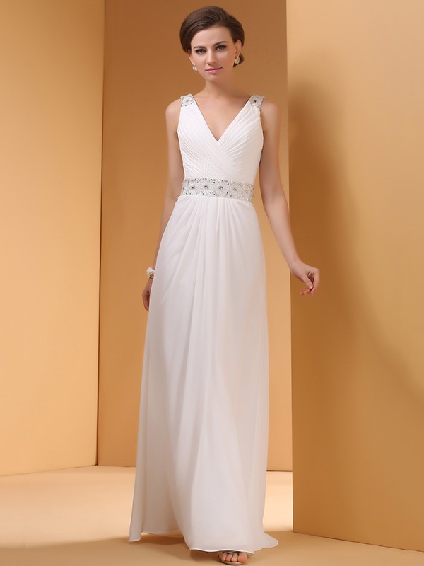 A-line White Chiffon Crystal Detailing V-neck Open Back Simple Prom Dress #JCD02014436