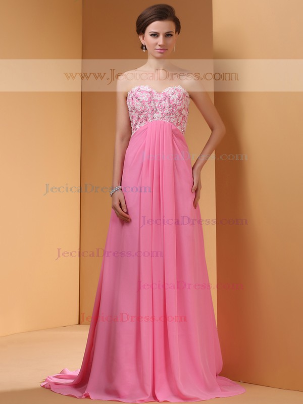 Great Empire Applique Lace Pink Chiffon Sweep Train Prom Dresses #JCD02014442
