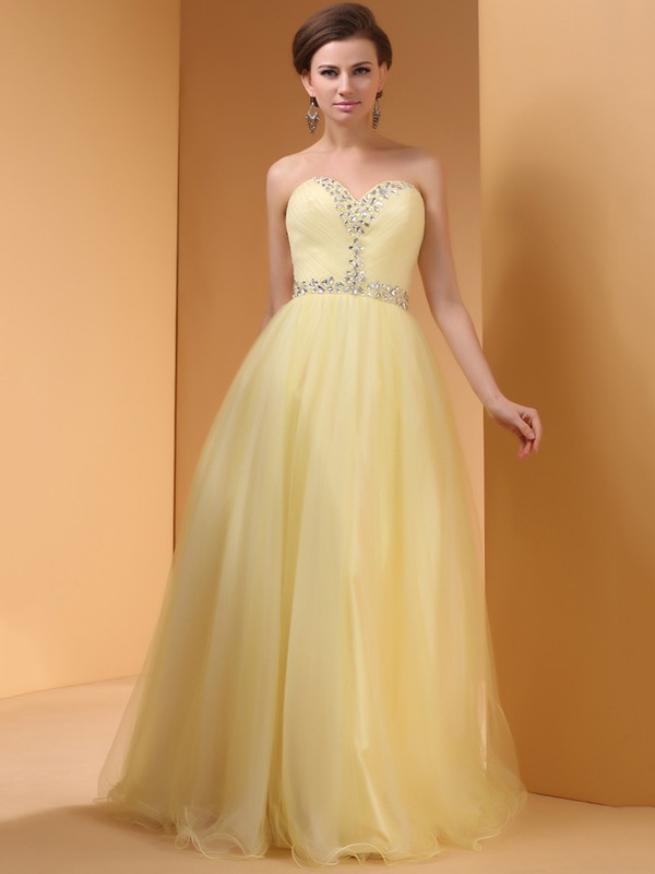 A-line Light Yellow Tulle Crystal Detailing For Cheap Sweetheart Prom Dress #JCD02014444