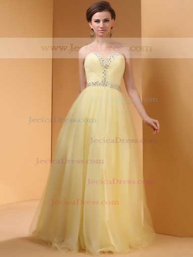 A-line Light Yellow Tulle Crystal Detailing For Cheap Sweetheart Prom Dress #JCD02014444