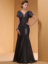 Trumpet/Mermaid Beading Short Sleeve V-neck Black Satin Prom Dress #JCD02014445