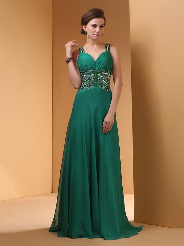 Dark Green Open Back Chiffon Sequins A-line Sweetheart Prom Dress #JCD02014450