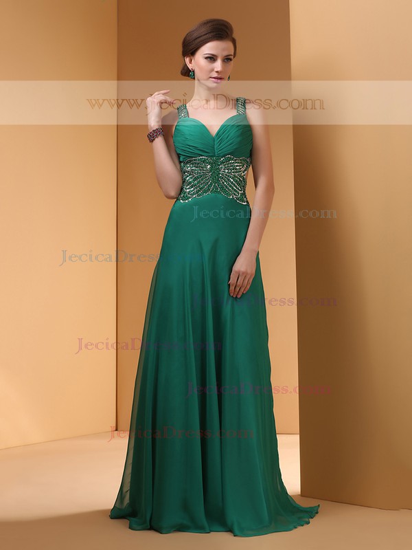 Dark Green Open Back Chiffon Sequins A-line Sweetheart Prom Dress #JCD02014450