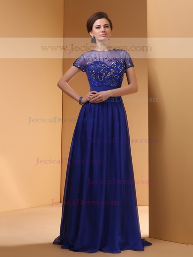 Chiffon Tulle with Beading Royal Blue Scoop Neck Short Sleeve Prom Dress #JCD02060466