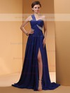 New Sweep Train Royal Blue Chiffon Crystal Detailing One Shoulder Prom Dresses #JCD02014453