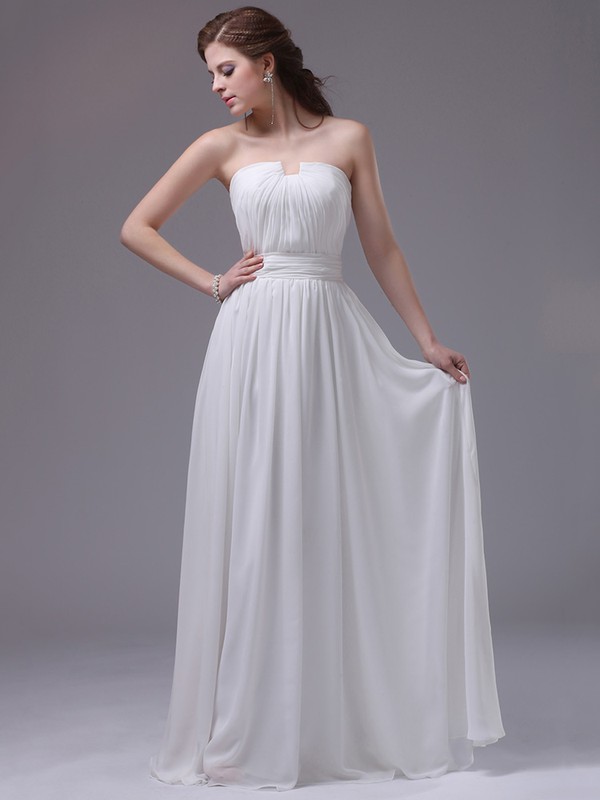Amazing Floor-length Pleats Chiffon Strapless White Prom Dresses #JCD02130052