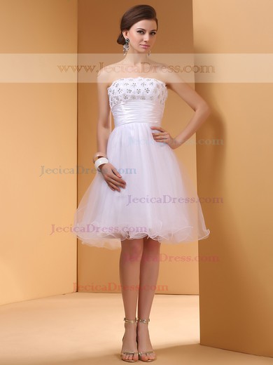 Knee-length White Organza with Flower(s) Interesting Strapless Prom Dresses #JCD02051686