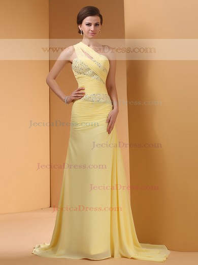 Popular One Shoulder Beading Ruffles Sweep Train Chiffon Prom Dresses #JCD02014429