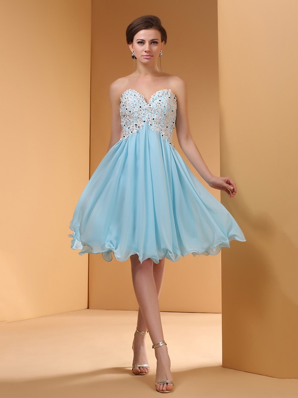 Blue Chiffon Empire Knee-length Appliques Lace Wholesale Prom Dresses #JCD02051145