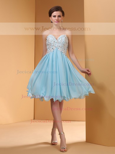 Blue Chiffon Empire Knee-length Appliques Lace Wholesale Prom Dresses #JCD02051145