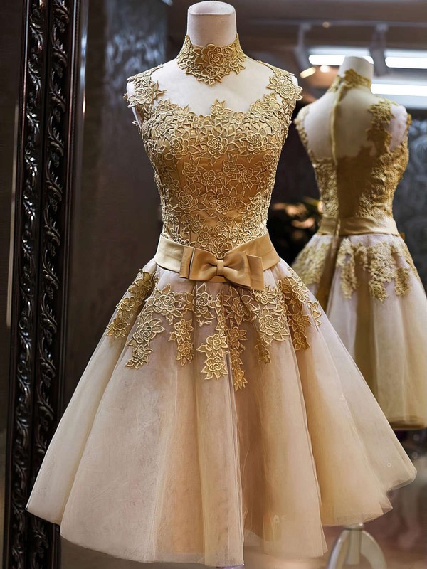 Risultati immagini per Popular High Neck Multi Colours Tulle Appliques Lace Knee-length Prom Dresses
